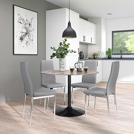Orbit Round Concrete Dining Table with 4 Leon Light Grey Leather Chairs