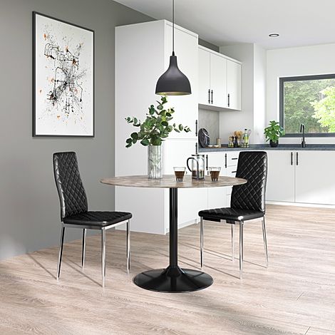 Orbit Round Concrete Dining Table with 2 Renzo Black Leather Chairs