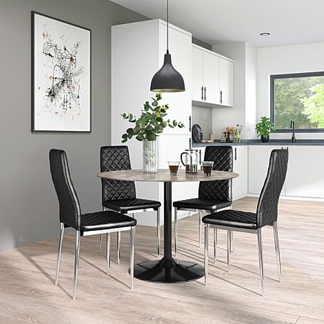 Orbit Round Concrete Dining Table with 4 Renzo Black Leather Chairs