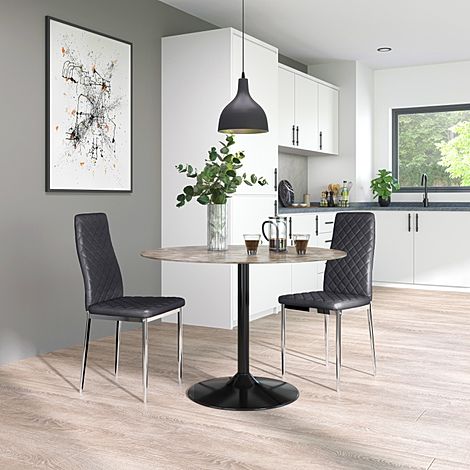 Orbit Round Concrete Dining Table with 2 Renzo Grey Leather Chairs