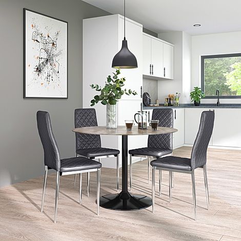 Orbit Round Concrete Dining Table with 4 Renzo Grey Leather Chairs