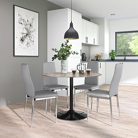 Orbit Round Concrete Dining Table with 4 Renzo Light Grey Leather Chairs