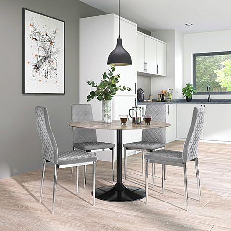 Orbit Round Concrete Dining Table with 4 Renzo Grey Velvet Chairs