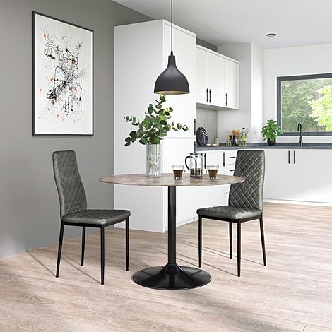 Orbit Round Concrete Dining Table with 2 Renzo Vintage Grey Leather Chairs (Black Legs)