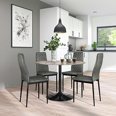 Orbit Round Concrete Dining Table with 4 Renzo Vintage Grey Leather Chairs (Black Legs)