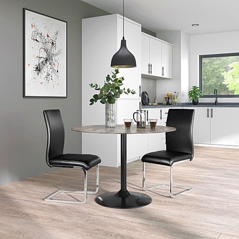 Orbit Round Concrete Dining Table with 2 Perth Black Leather Chairs