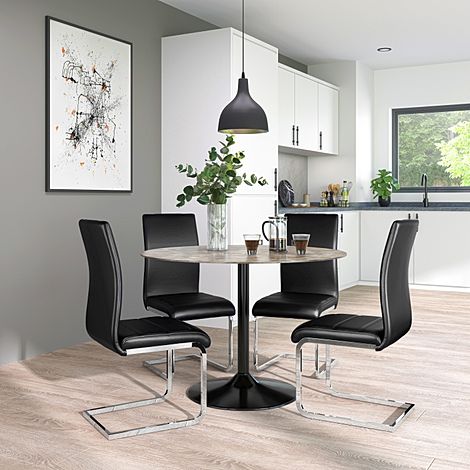 Orbit Round Concrete Dining Table with 4 Perth Black Leather Chairs