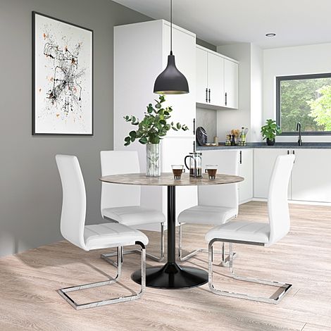 Orbit Round Concrete Dining Table with 4 Perth White Leather Chairs