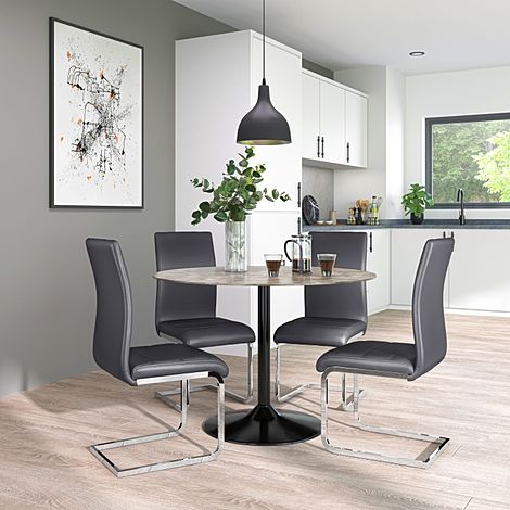 Orbit Round Concrete Dining Table with 4 Perth Grey Leather Chairs
