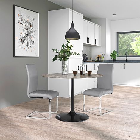 Orbit Round Concrete Dining Table with 2 Perth Light Grey Leather Chairs