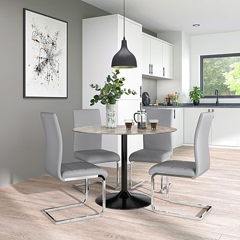 Orbit Round Concrete Dining Table with 4 Perth Light Grey Leather Chairs