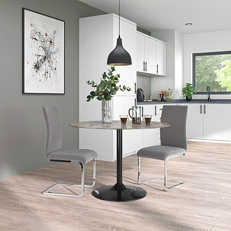 Orbit Round Concrete Dining Table with 2 Perth Grey Velvet Chairs