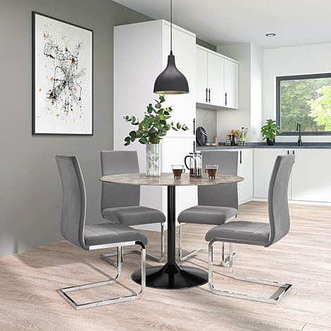 Orbit Round Concrete Dining Table with 4 Perth Grey Velvet Chairs