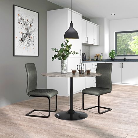 Orbit Round Concrete Dining Table with 2 Perth Vintage Grey Leather Chairs (Black Legs)