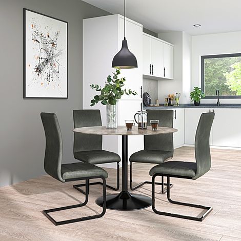 Orbit Round Concrete Dining Table with 4 Perth Vintage Grey Leather Chairs (Black Legs)