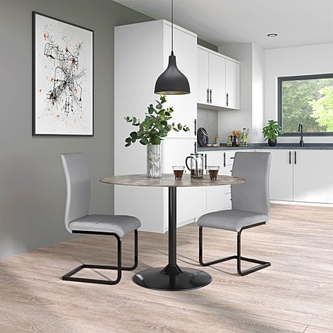 Orbit Round Concrete Dining Table with 2 Perth Light Grey Leather Chairs (Black Legs)