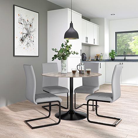 Orbit Round Concrete Dining Table with 4 Perth Light Grey Leather Chairs (Black Legs)
