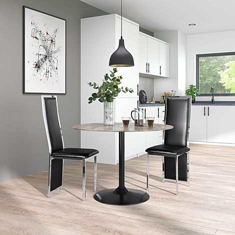 Orbit Round Concrete Dining Table with 2 Celeste Black Leather Chairs