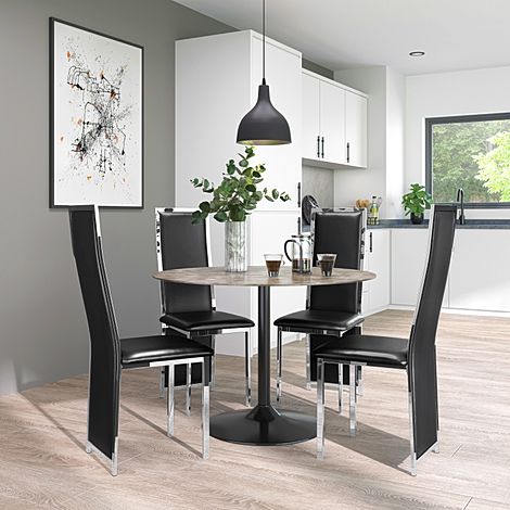 Orbit Round Concrete Dining Table with 4 Celeste Black Leather Chairs