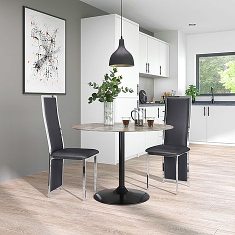 Orbit Round Concrete Dining Table with 2 Celeste Grey Leather Chairs