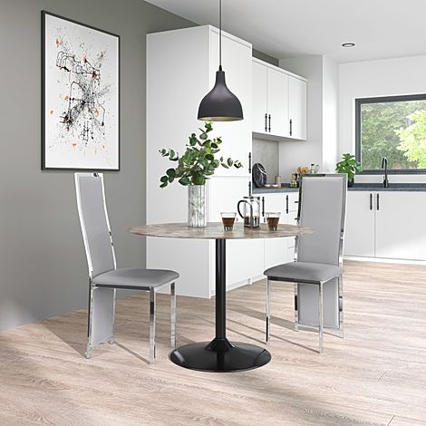 Orbit Round Concrete Dining Table with 2 Celeste Light Grey Leather Chairs