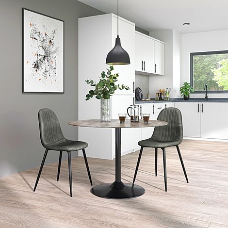 Orbit Round Concrete Dining Table with 2 Brooklyn Vintage Grey Leather Chairs