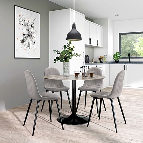 Orbit Round Concrete Dining Table with 4 Brooklyn Grey Velvet Chairs