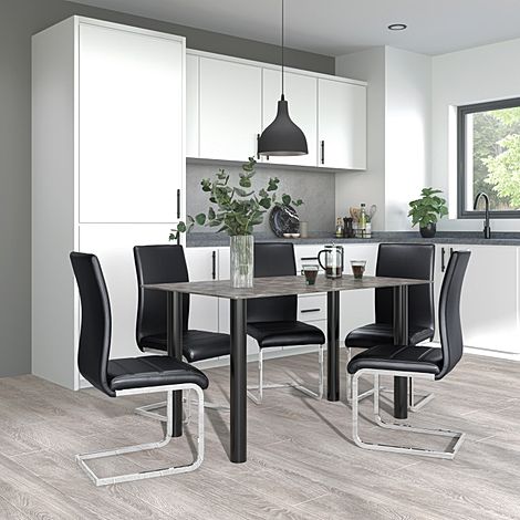 Lunar Concrete Dining Table with 4 Perth Black Leather Chairs