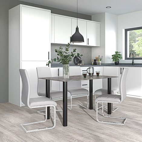 Lunar Concrete Dining Table with 4 Perth Light Grey Leather Chairs