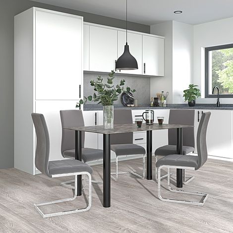 Lunar Concrete Dining Table with 6 Perth Grey Velvet Chairs