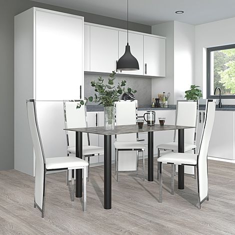 Lunar Concrete Dining Table with 6 Celeste White Leather Chairs