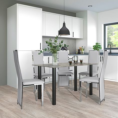 Lunar Concrete Dining Table with 4 Celeste Light Grey Leather Chairs