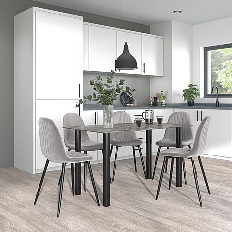 Lunar Concrete Dining Table with 6 Brooklyn Grey Velvet Chairs
