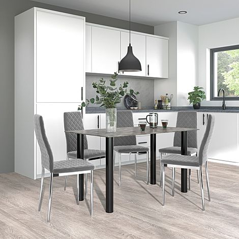 Lunar Concrete Dining Table with 4 Renzo Grey Velvet Chairs