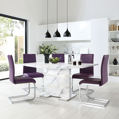 Komoro White Marble and Chrome Dining Table with 4 Perth Purple Leather Chairs