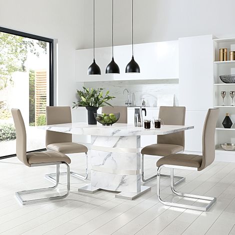 Komoro White Marble and Chrome Dining Table with 4 Perth Stone Grey Leather Chairs