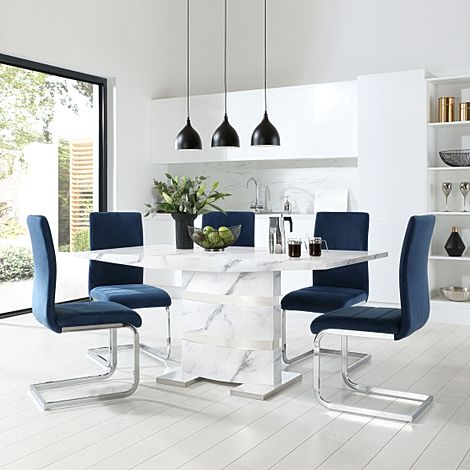 Komoro White Marble and Chrome Dining Table with 4 Perth Blue Velvet Chairs