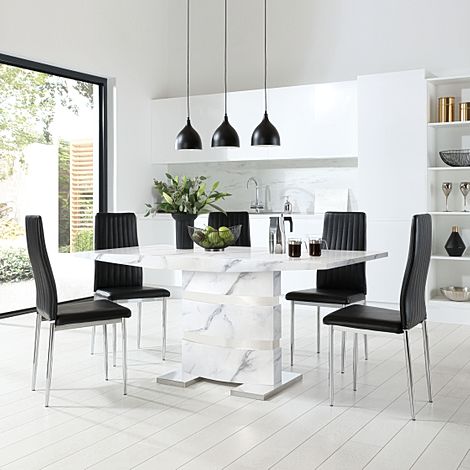 Komoro White Marble and Chrome Dining Table with 4 Leon Black Leather Chairs