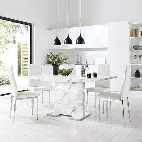 Komoro White Marble and Chrome Dining Table with 6 Leon White Leather Chairs
