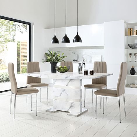 Komoro White Marble and Chrome Dining Table with 4 Leon Stone Grey Leather Chairs