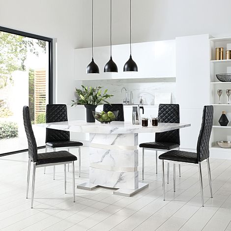 Komoro White Marble and Chrome Dining Table with 4 Renzo Black Leather Chairs