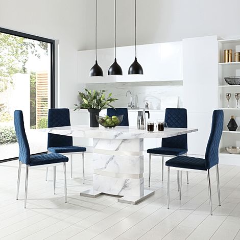 Komoro White Marble and Chrome Dining Table with 4 Renzo Blue Velvet Chairs
