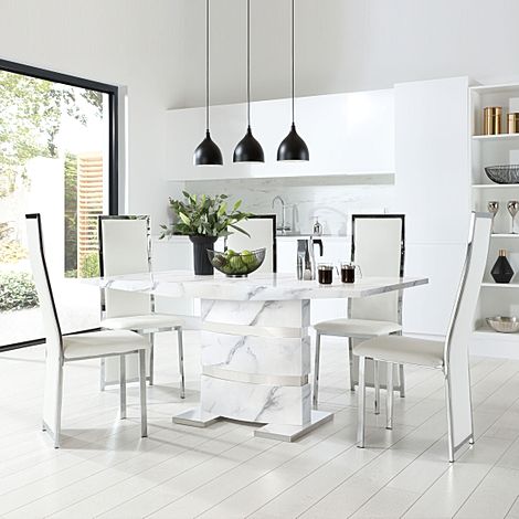 Komoro White Marble and Chrome Dining Table with 4 Celeste White Leather Chairs