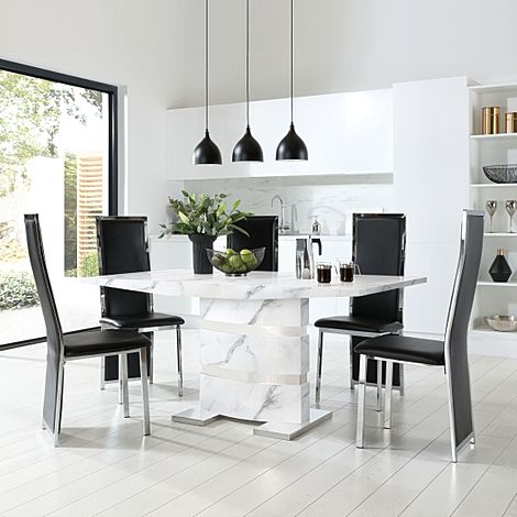 Komoro White Marble and Chrome Dining Table with 4 Celeste Black Leather Chairs