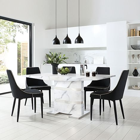 Komoro White Marble and Chrome Dining Table with 4 Modena Black Fabric Chairs