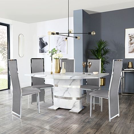 Komoro White Marble and Chrome Dining Table with 4 Celeste Grey Velvet Chairs