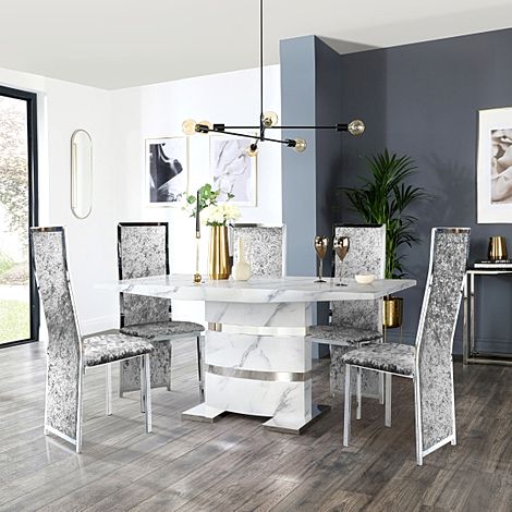 Komoro White Marble and Chrome Dining Table with 6 Celeste Silver Crushed Velvet Chairs