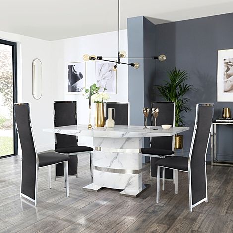 Komoro White Marble and Chrome Dining Table with 6 Celeste Black Velvet Chairs