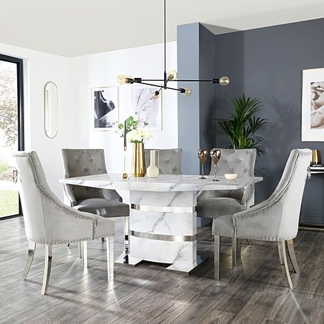 Komoro White Marble and Chrome Dining Table with 4 Imperial Grey Velvet Chairs