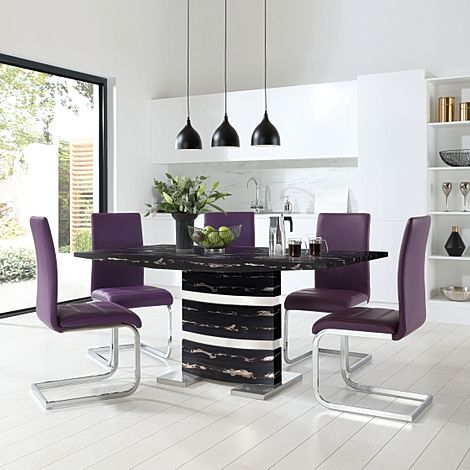 Komoro Black Marble and Chrome Dining Table with 4 Perth Purple Leather Chairs